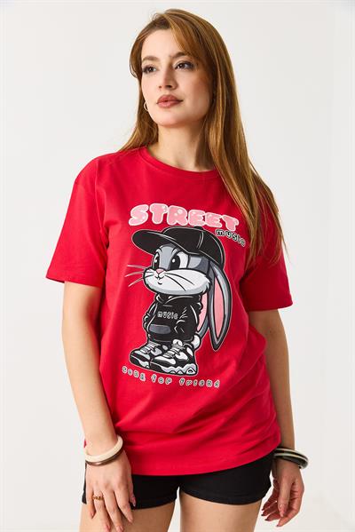 Kadın Baskılı Bisiklet Yaka Kısa Kol Tshirt Kırmızı