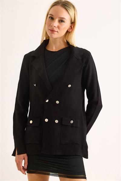 Blazer Triko Şık Düğmeli Ceket Siyah