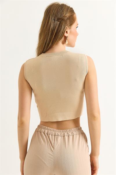 Bisiklet Yaka Sıfır Kol Crop Bluz Bej
