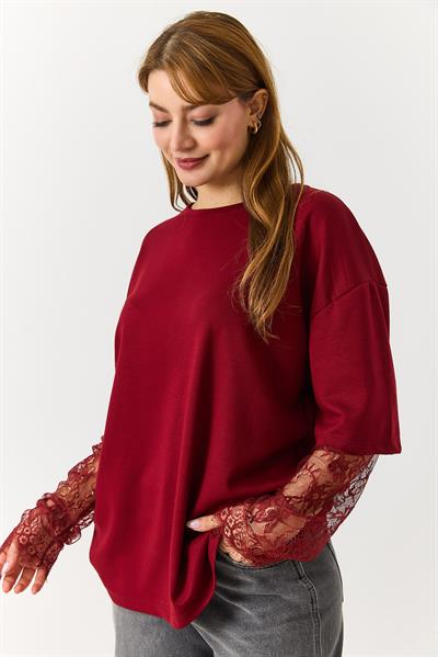 Kadın Kolu Tül Detaylı Oversize Tshirt Bordo