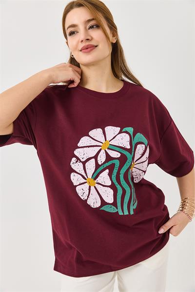 Baskılı Bisiklet Yaka Tshirt Bordo
