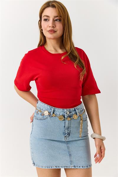 Kadın Bisiklet Yaka Basic Omuzları Geniş Tam Kalıp Tshirt Kırmızı