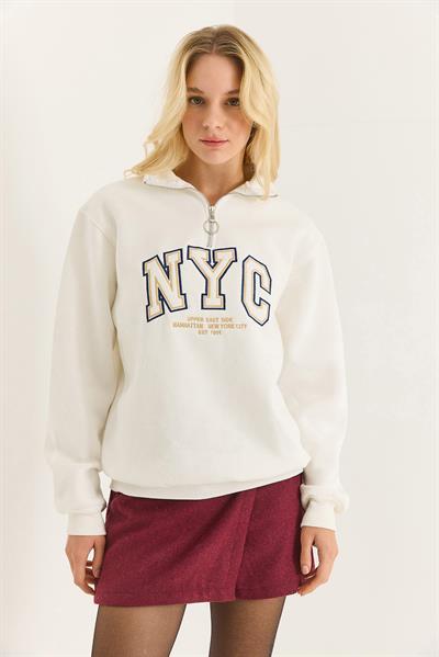 Nyc Nakışlı Fermuar Detaylı Dik Yaka Oversize Sweatshirt Beyaz