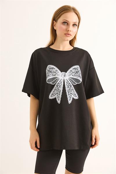 Fiyonk Baskılı Oversize Kesim Tshirt Siyah