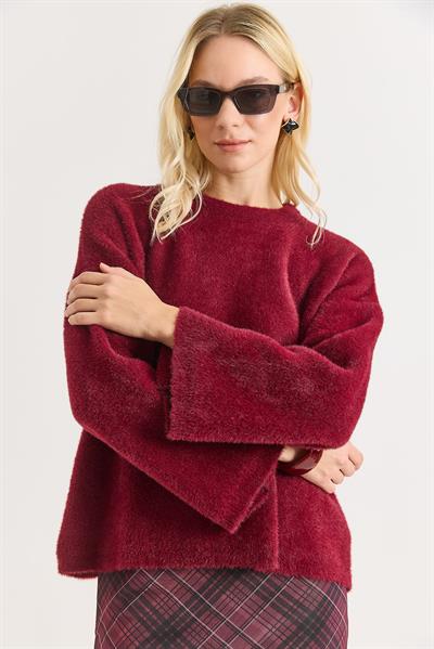 Kadın Bisiklet Yaka Oversize Yumuşak Tüylü Bordo