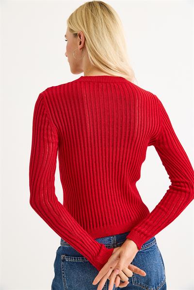 Bisiklet Yaka Triko Örme Bluz Kırmızı