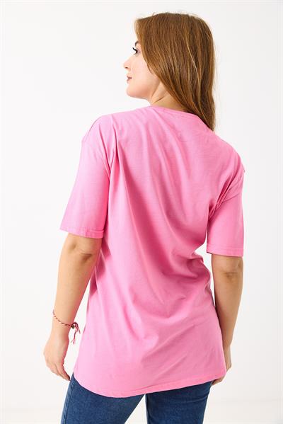 Kadın Parlak Baskılı Bisiklet Yaka Tshirt Pembe