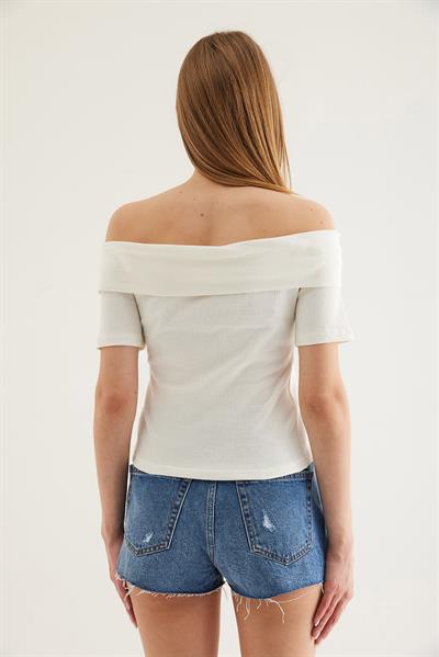 Omuz Açık  Düğme Detaylı  Bluz Beyaz 	