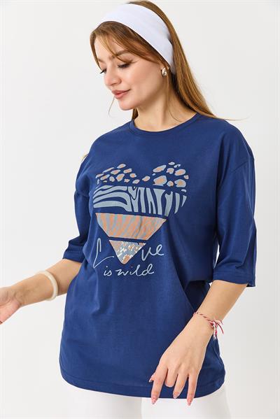 Kadın Kalp Baskılı Bisiklet Yaka Tshirt Lacivert