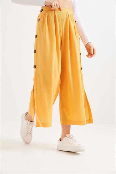 Yanları  Düğmeli  Bol Kesim Keten Pantolon  Hardal