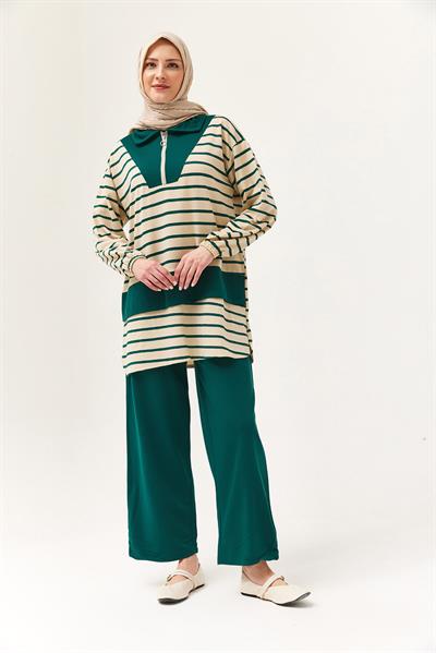 Fermuarlı Çizgili Gömlek Yaka Takım Yeşil
