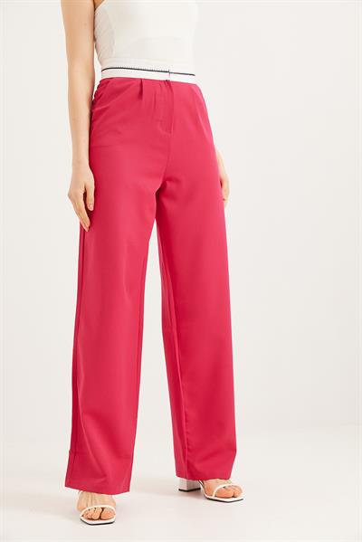 Beli Şeritli Bol Paça Pantolon Fuşya