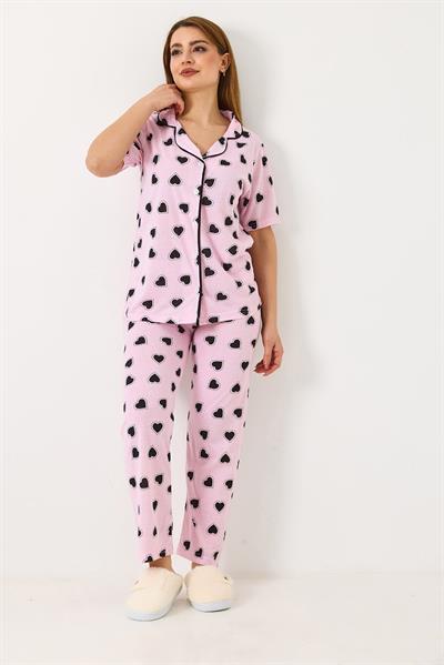 Kadın Kalp Baskılı Pembe Düğmeli Pijama Takımı 