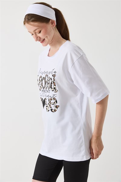 Kadın  Bisiklet Yaka Rahat Kesim Kısa Kol Tshirt Beyaz