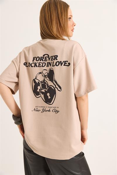 Baskılı Oversize İki İplik Tshirt Vizon