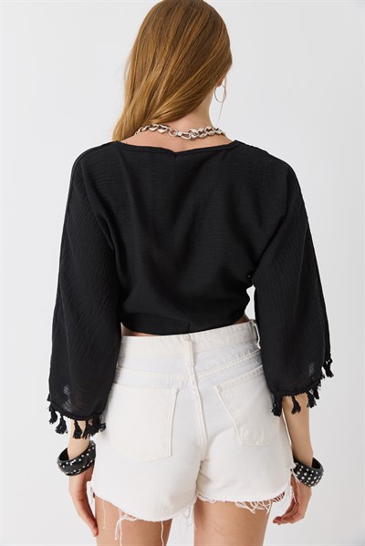 Kadın Kolları İp Detaylı Bağlamalı Crop Bluz Ayrobin Keten Siyah