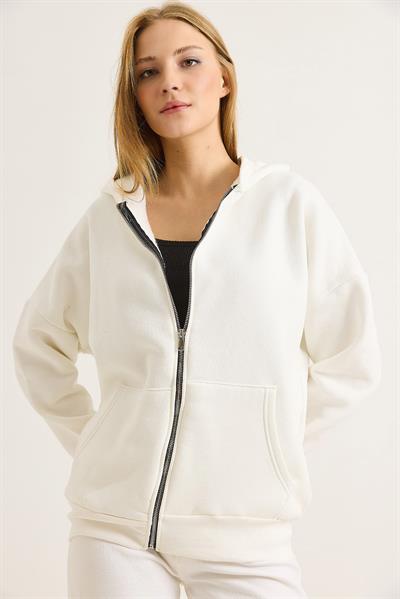 Kadın Oversize Kapüşonlu Fermuarlı Hırka Beyaz