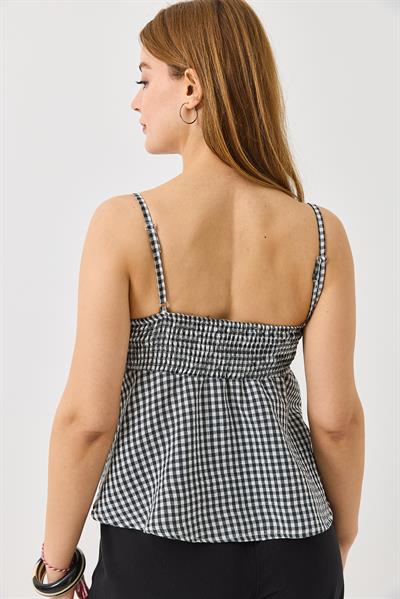 Kadın Büyük Fiyonk Detaylı Ekoseli Askılı Keten Görünümlü Bluz Siyah