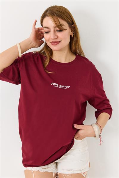 Kadın Yazı Baskılı Bisiklet Yaka Tshirt Bordo