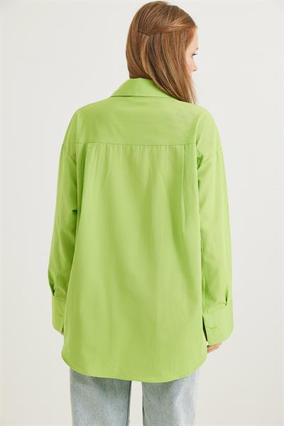 Ayıcık Nakışlı Oversize Basic Gömlek Açık Yeşil