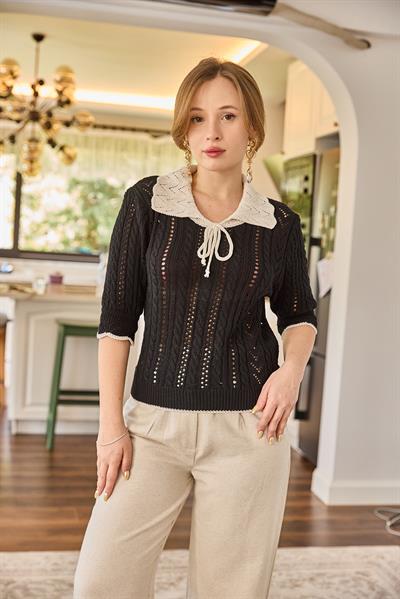 Polo Yaka Ajurlu Triko Bluz Siyah