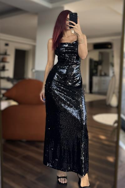Kadın Full Payet İşlemeli İnce Askılı Şık Gece Elbisesi Siyah