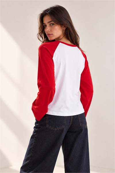 Kadın Bisiklet Yaka Reglan Sweatshirt Kırmızı