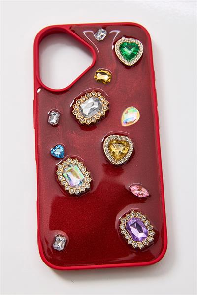 İphone 16 Plus Uyumlu  Renkli Kristal Taşlı Kılıf Kırmızı