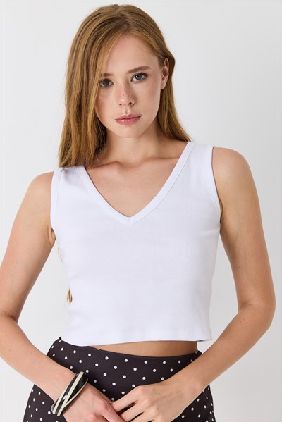 Kadın V Yaka Kaşkorse Crop Bluz Beyaz