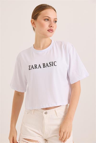 Baskılı Kısa Kol Pamuk Crop Tshirt Beyaz