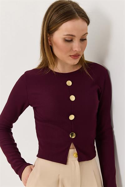 Kadın Yırtmaçlı Düğmeli Kaşkorse Uzun Kollu Bluz Bordo