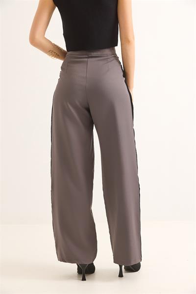 Yanları Şeritli Yüksel Bel Palazzo Pantolon Füme