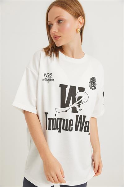 Bisiklet Yaka Baskılı Tshirt Beyaz