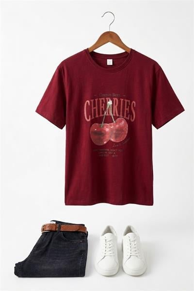 Kadın Kiraz Baskılı Yanları Yırtmaçlı Bisiklet Yaka Tshirt  Bordo