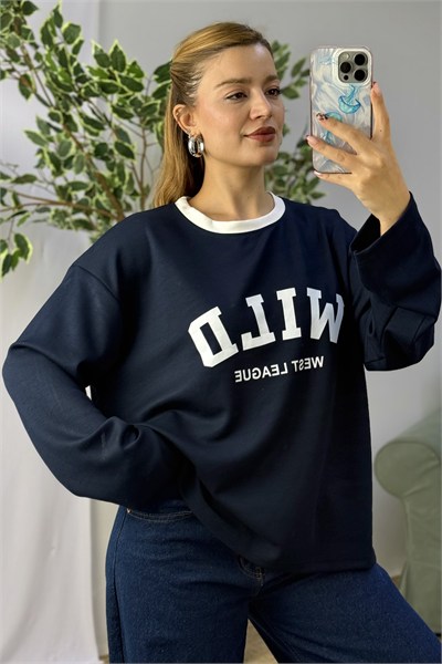 Kadın Yazı Baskılı Bisiklet Yaka Uzun Kollu Tshirt Lacivert