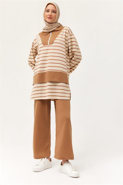 Fermuarlı Çizgili Gömlek Yaka Takım Vizon