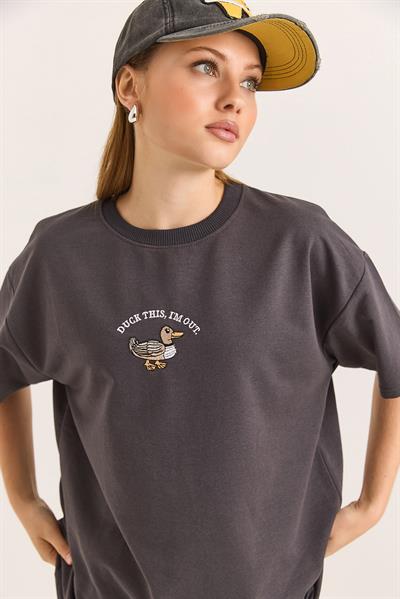 Duck Nakışlı Oversize İki İplik Tshirt Füme