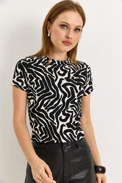 Zebra Desen Fitilli Örme Kumaş Siyah Bluz