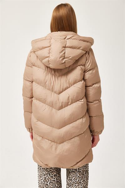 Kapüşonlu Oversize Şişme Mont Bej