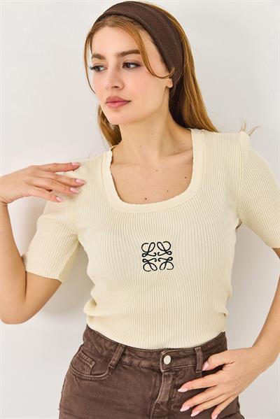 Kadın Nakışlı Kalın Askılı Bluz Bej