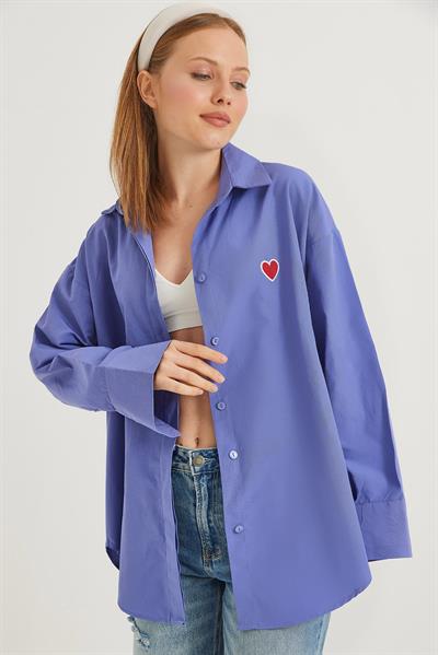 Kalp Nakışlı  Oversize Basic Gömlek Mor