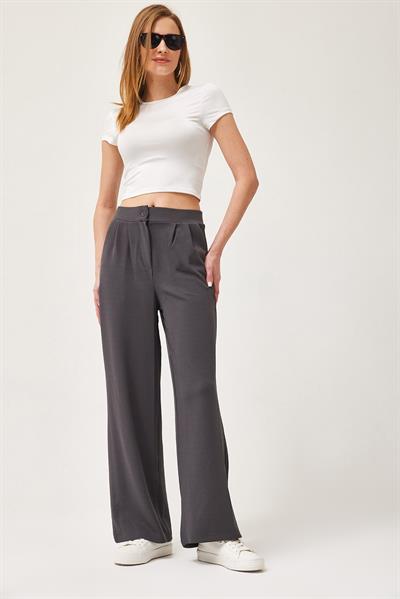 Yüksek Bel Cepli Palazzo Pantolon Füme