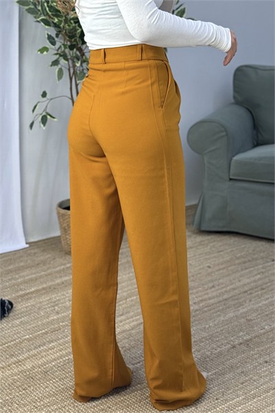 Yüksek Bel Bol Paça Pantalon Hardal1