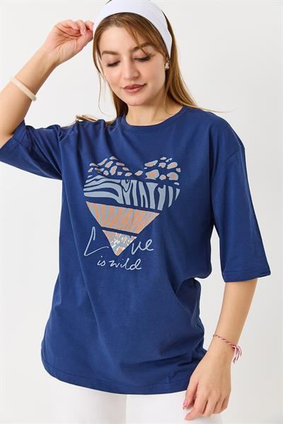 Kadın Kalp Baskılı Bisiklet Yaka Tshirt Lacivert
