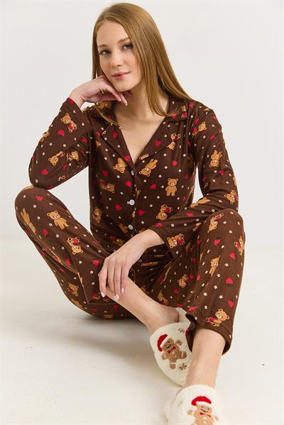 Kadın Ayıcık Baskılı Kahverengi Polo Yaka Pamuklu Pijama Takımı