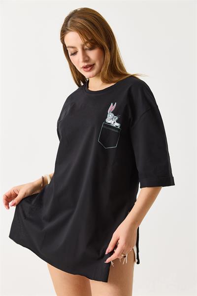 Kadın Yanları Yırtmaçlı Oversize  Basic Tshirt  Siyah