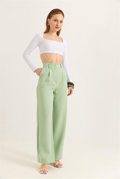 Yüksek Bel Bol Paça Yeşil Pantalon 