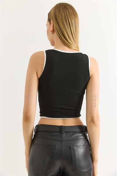 Kalın Askılı Fermuar Detaylı Crop Bluz Siyah