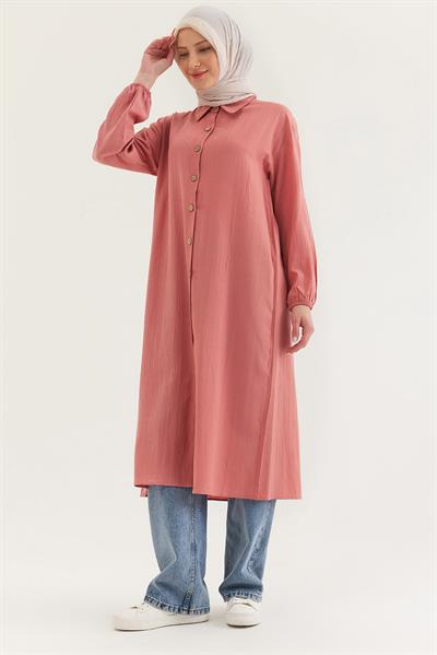 Keten Düğmeli Uzun Tesettür Tunik Gül Kurusu
