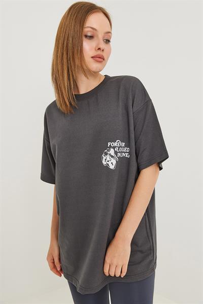 Baskılı Oversize İki İplik Tshirt Füme